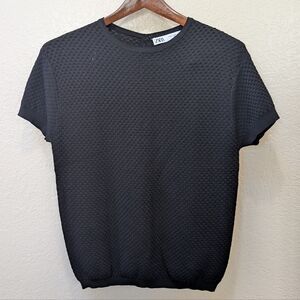 Zara Basket Weave Short Sleeve Black Top W/ Jeweled Button Back. Size XXL